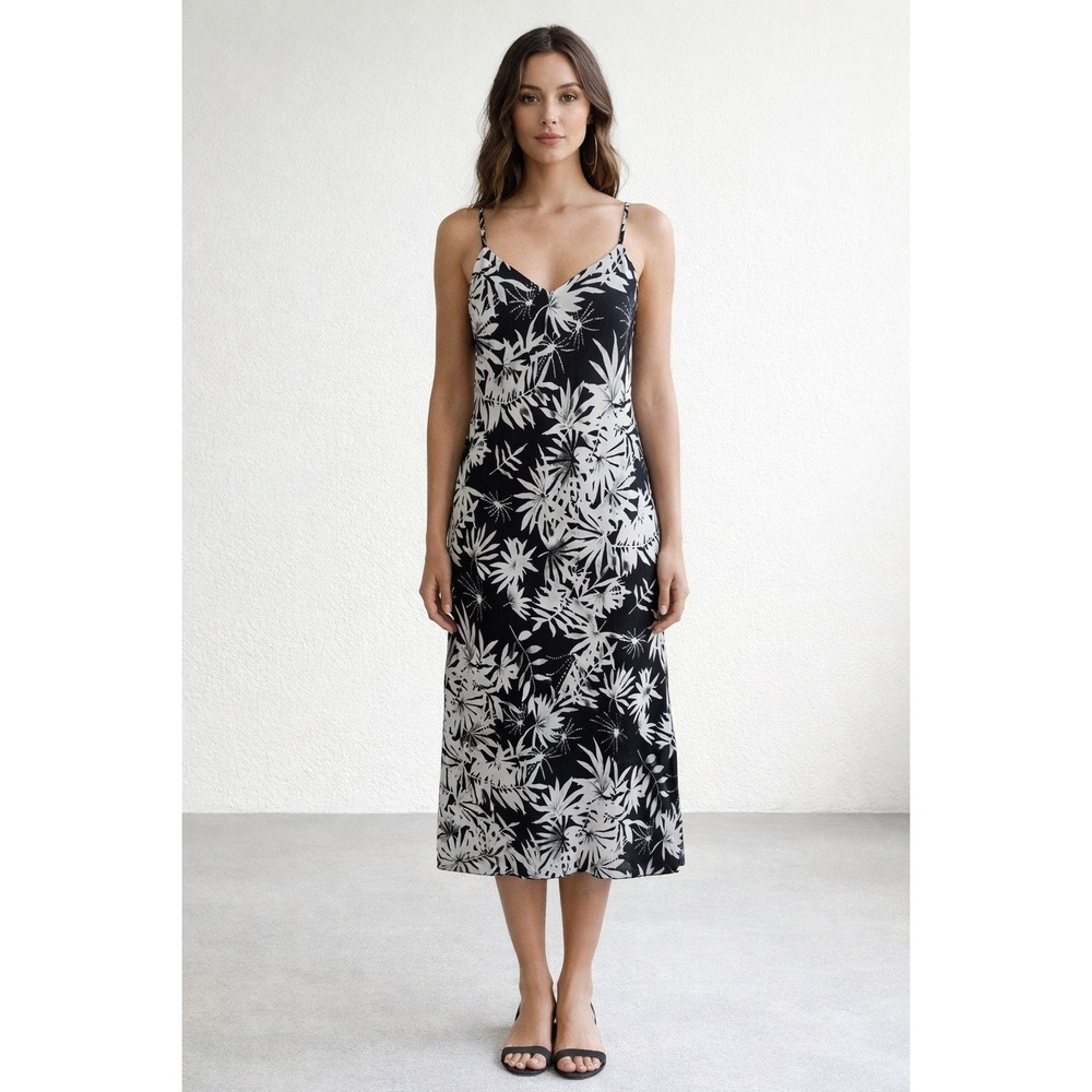 Tu-Lips Dress Women Sz L Hawaiian Tropical Maxi Slip Black & White Goth Y2K NWT‎